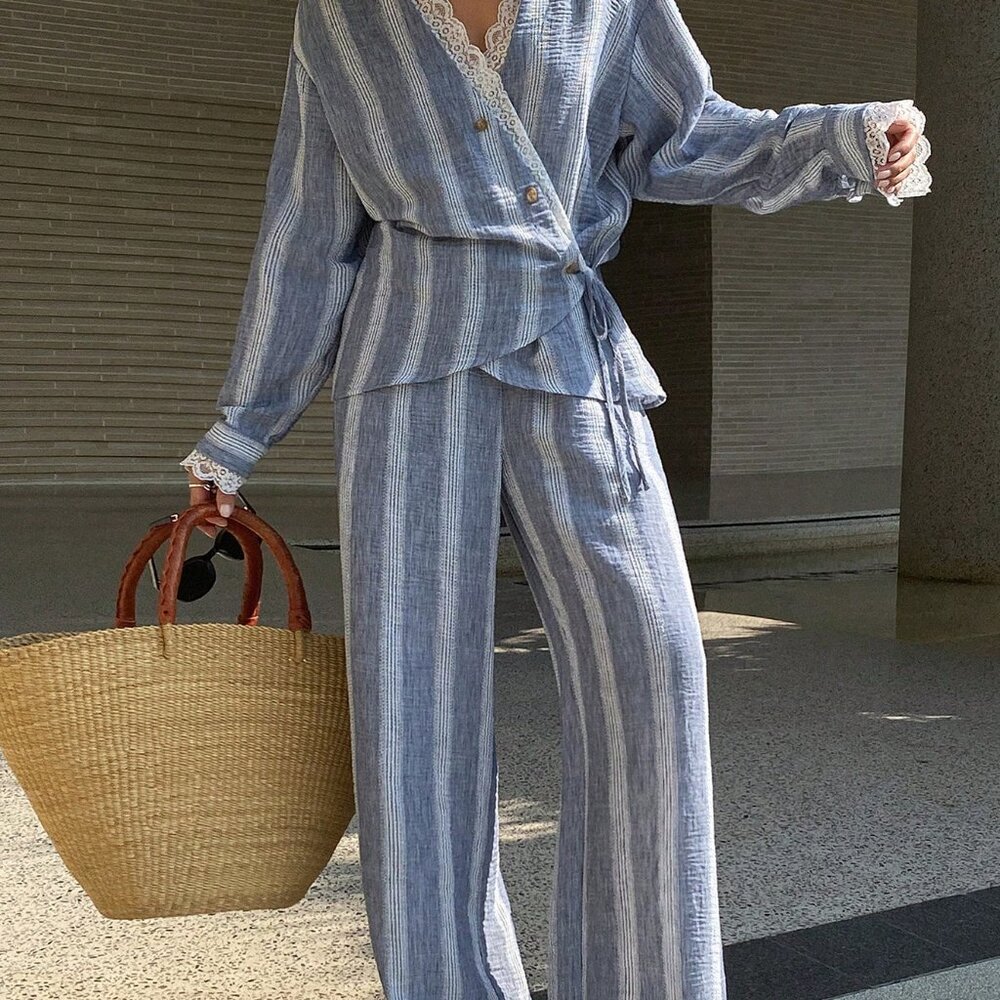 Navy Blue Casual Women's Lace Patchwork Shirt Top And Pants Set - Picture 6 of 7